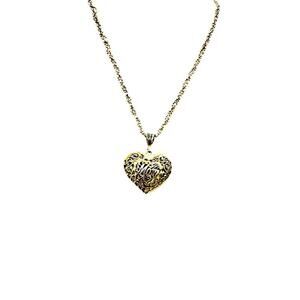 Gold sterling silver braided chain w/ silver filigree "mom" puffer heart pendant